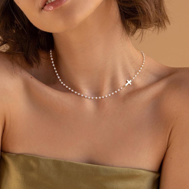 Robaice Pearl Cross Necklace for Women, Eternal Gold Pearl Necklace with Cross Pendant, Dainty Pearls and Cross Necklace Christian Faith Jewelry Gift - Image 3